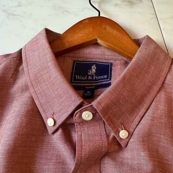 WOOL & PRINCE Men’s XL Red Merino Wool Short Sleeve Button Down; slim fit - Picture 11 of 13